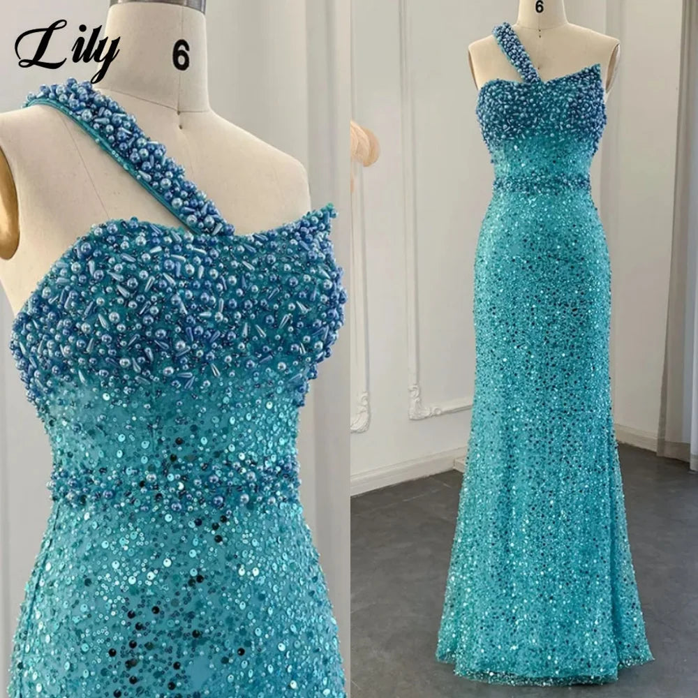 Robe de bal Lily Blue somptueuse ornée de strass, robe de soirée asymétrique sans manches, perles et sequins, robe sirène sur mesure