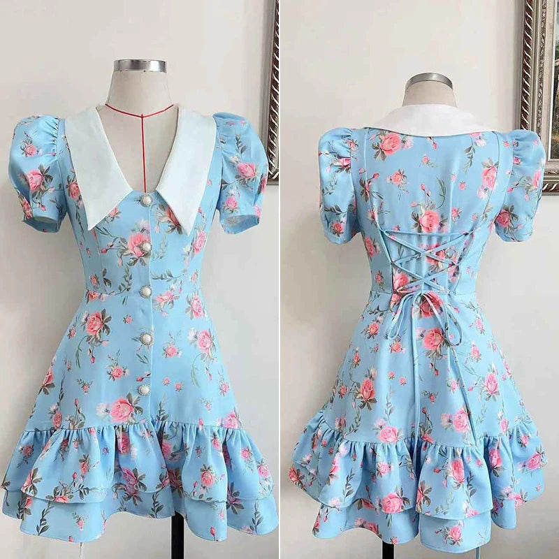 Tornova imprimé manches bouffantes robe à volants femmes col en v taille haute perles boutons Mini robe femme décontracté vacances robe de mode