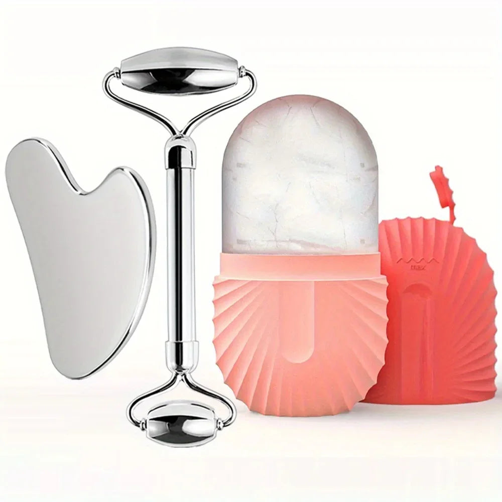 3in1 Stainless Steel Ice Face Roller & Gua Sha Facial Skincare Tool Kit Face Lifting Facial Treatment Reduce Acne Skin Care Tool