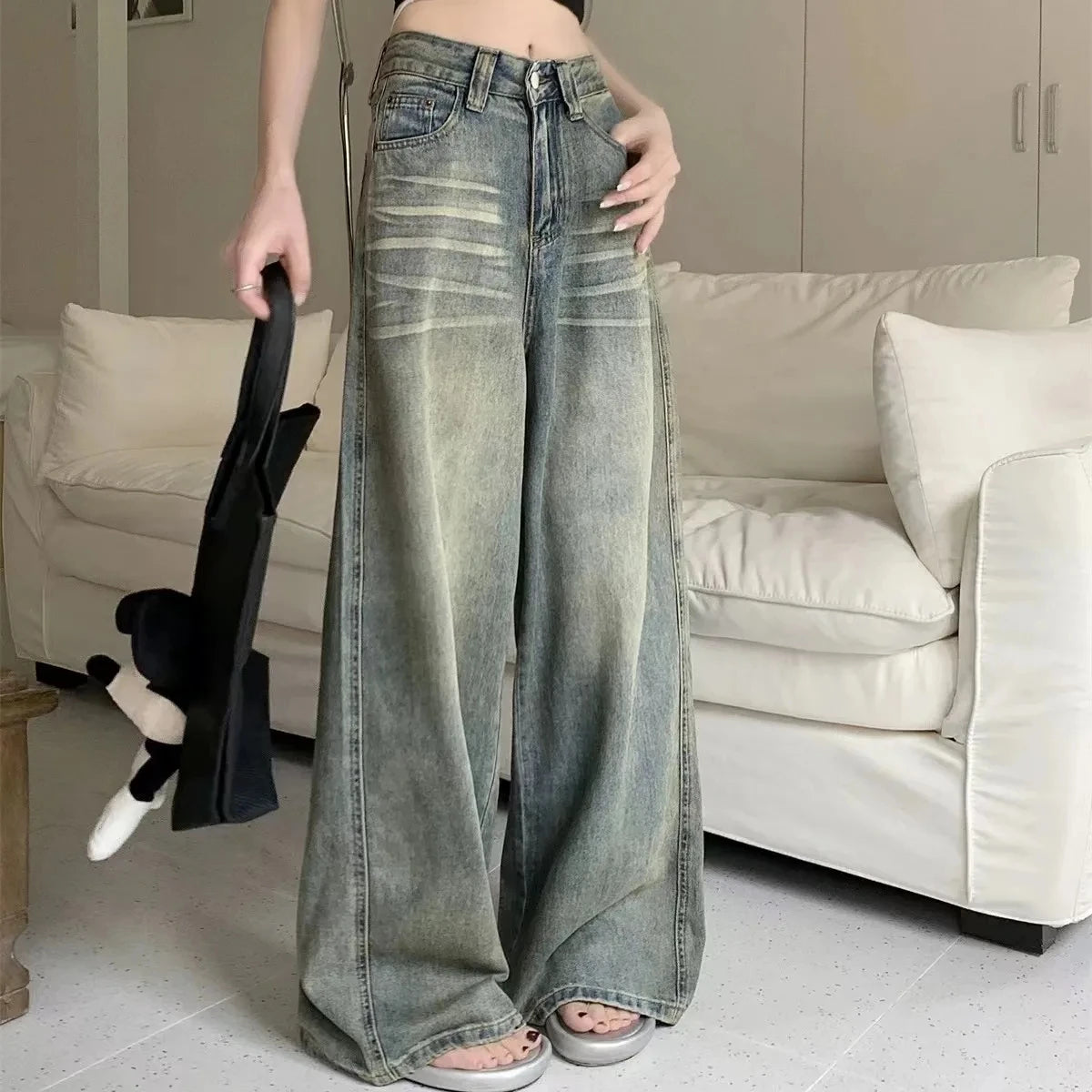 Y2K ample jambe droite jean femme pantalon Baggy coupe large décontracté taille haute rétro lavé Style Vintage jean femme jean