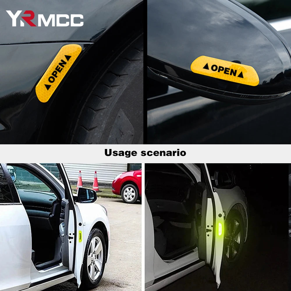 Autocollant réfléchissant pour porte de voiture, 4 pièces, bande réfléchissante d'avertissement d'ouverture de sécurité, accessoires de voiture, autocollant réflecteur extérieur et intérieur