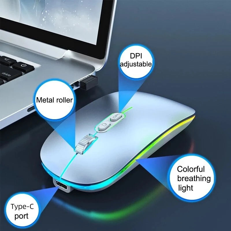 Souris sans fil Bluetooth 2,4 GHz double mode, fonction bureau en un clic, rechargeable USB-C, silencieuse et rétroéclairée, pour ordinateur portable et PC (nouvelle version)
