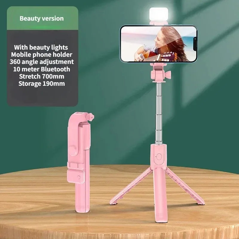 Perche à selfie sans fil avec trépied, lampe et télécommande Bluetooth extensible pour iPhone et streaming TikTok en direct