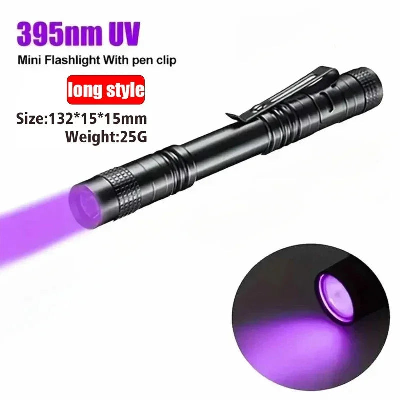 Lampe de poche UV 395nm, torche ultraviolette avec pince à stylo, piles AAA portables utilisées, lumière violette, détecteur d'urine d'animaux domestiques, lampe UV