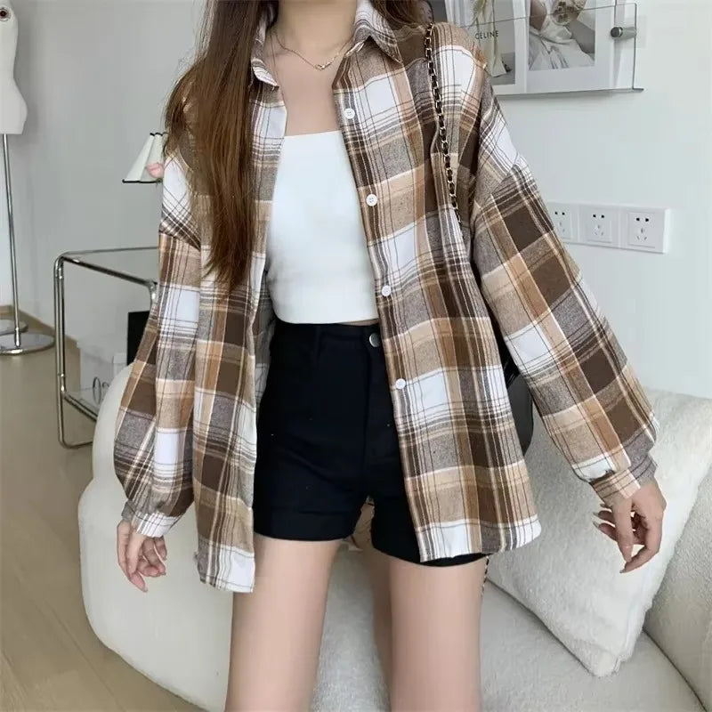 Chemise à carreaux pour femmes, haut à manches longues, Vintage, simple boutonnage, chemisier dames, Style Preppy, chemises à carreaux amples, mode automne