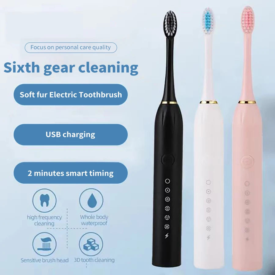 Brosse à dents électrique ultrasonique, Mode à Six vitesses, cheveux doux, chargement USB, étanche, nettoyeur de dents pour adulte, ensemble automatique pour Couple