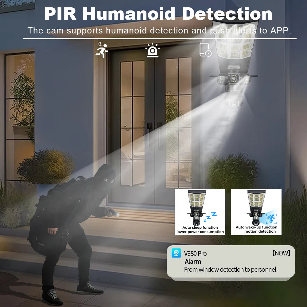 Caméra solaire capteur réverbère LED 3 Modes d'éclairage trois objectifs 4G 15MP caméras de Surveillance extérieure IP66 étanche télécommande