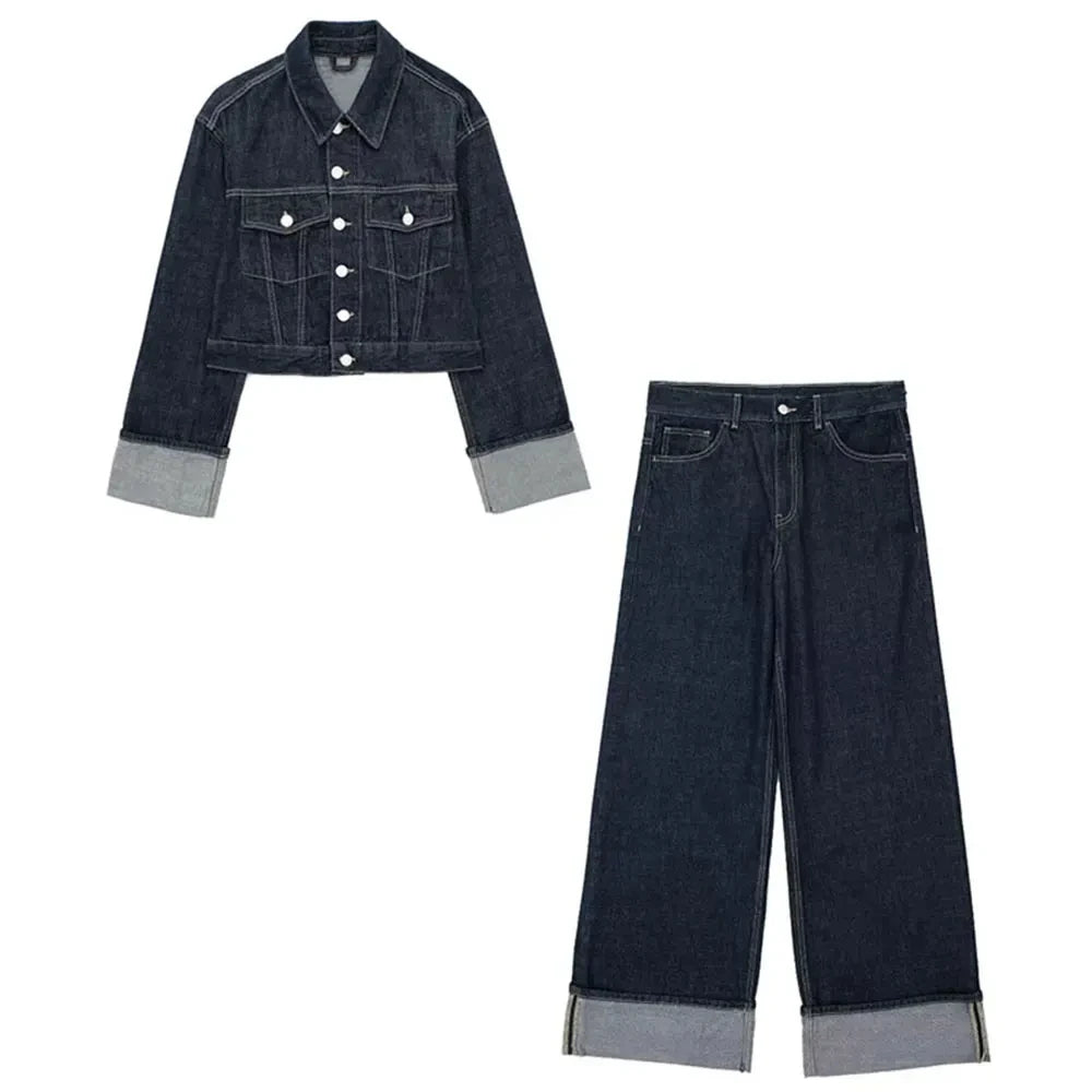HH femmes mode Denim ensemble décontracté revers à manches longues veste courte boutons femme Vintage jambe large jean ample pantalons longs
