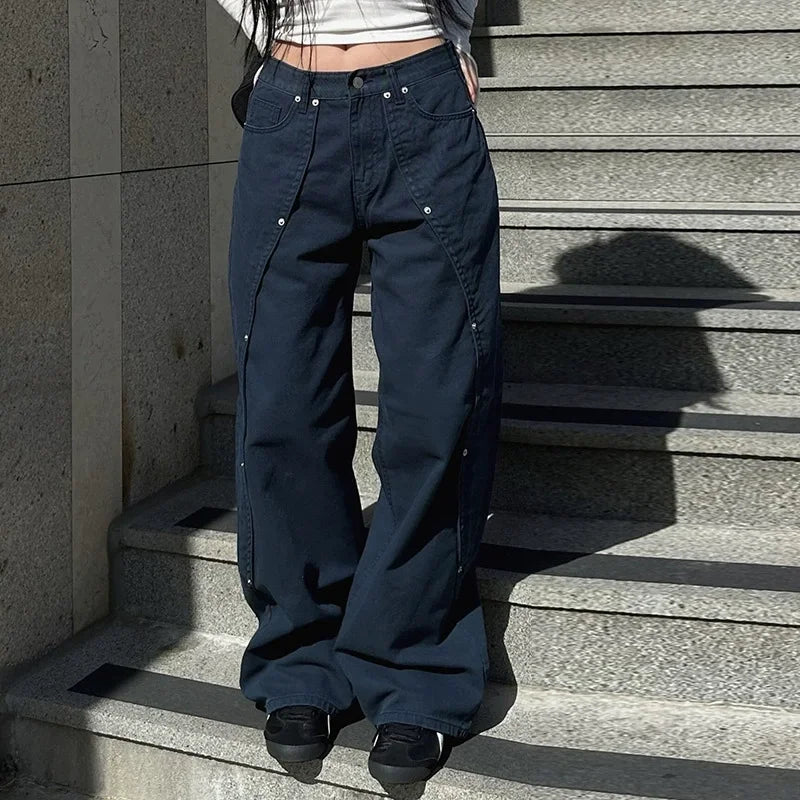 Jean taille basse pour femme, vêtement des années 2000, coupe botte, décontracté, rayé noir, pantalon en Denim, Streetwear, pantalon évasé, P77-DD25