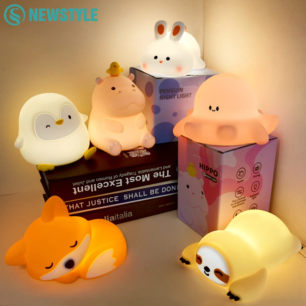 Lampe de nuit mignonne en silicone souple, renard et lapin, veilleuse de chambre d'enfant à intensité variable, rechargeable, avec minuterie et capteur tactile