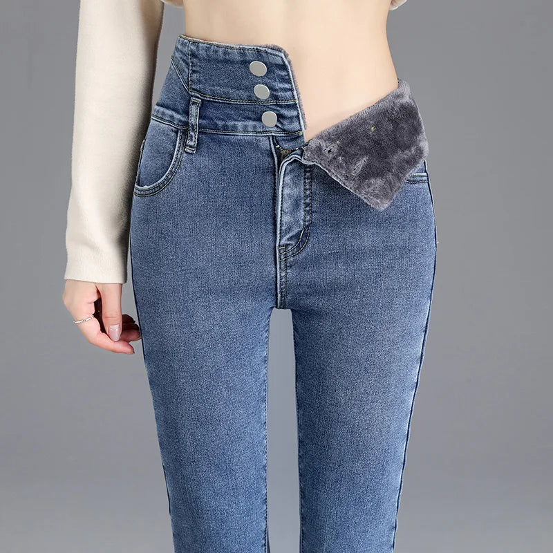 Thermique Hiver Épais Polaire taille Haute Chaud Skinny Jeans Épais Femmes Bouton Extensible Crayon Pantalon Maman Décontracté Velours Jeans