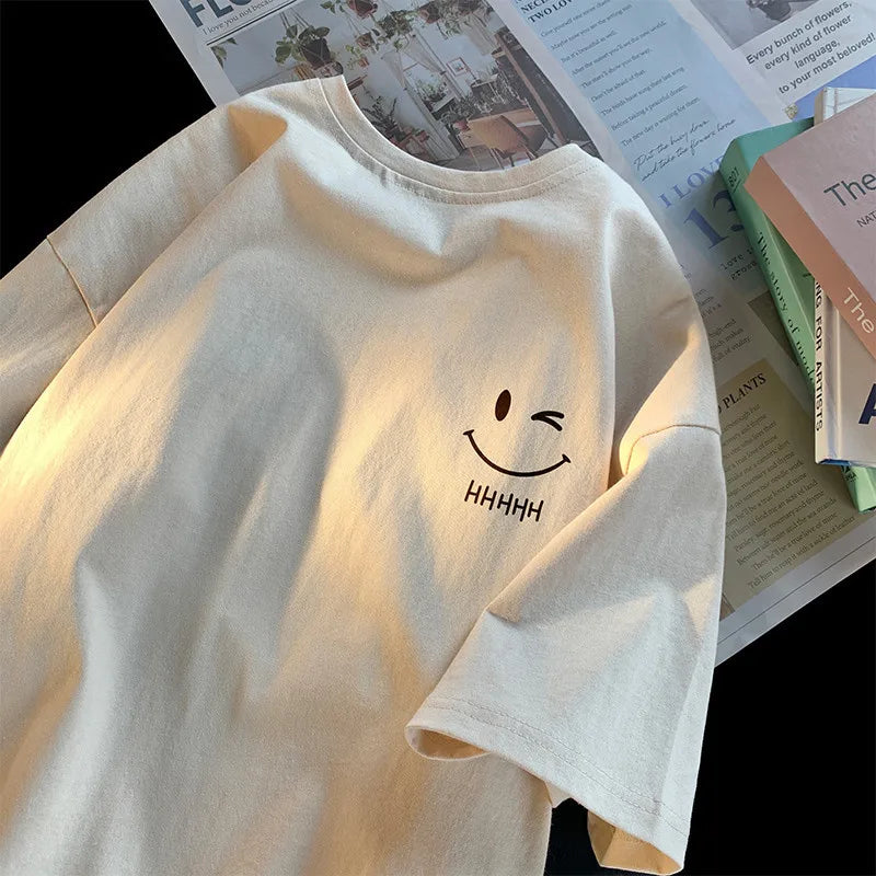 T-shirt manches courtes pour hommes et femmes, visage souriant, drôle, mode Couple, américain, basique, Simple, surdimensionné, ample, pull pour garçons