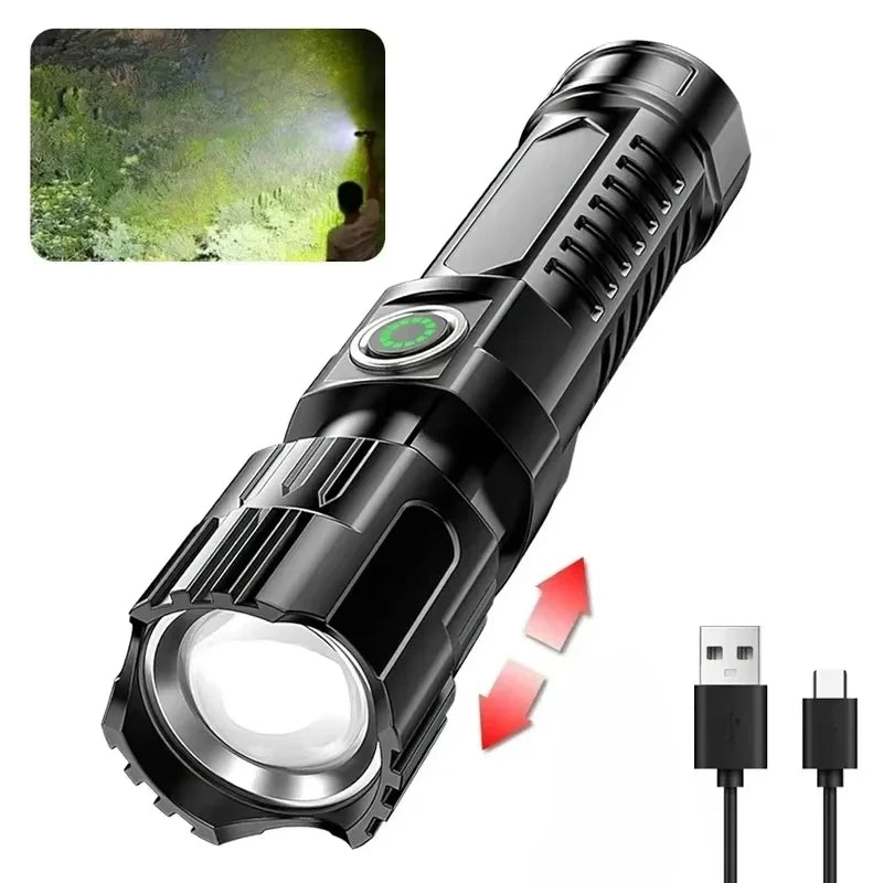 Lampe de poche LED puissante avec affichage de batterie, Rechargeable par USB, Zoom télescopique, torche, lanterne pour Camping en plein air, pêche, 9900lm