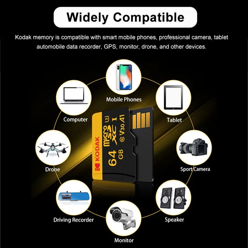 Carte mémoire KODAK Micro SD 512 Go 256 Go, jusqu'à 100 Mo/s, C10 U3, 32 Go 64 Go 128 Go, compatible 4K HD, pour lecteur de cartes USB et adaptateur MicroSD.