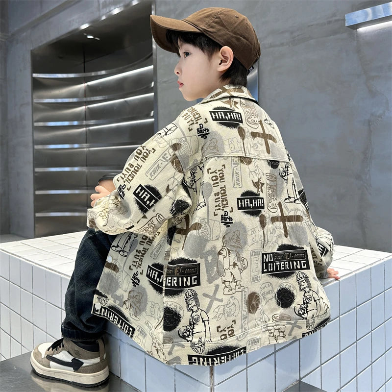 Veste en jean beige tendance printemps-automne pour enfant, dessins pour adolescents, style streetwear, taille 5-14 ans
