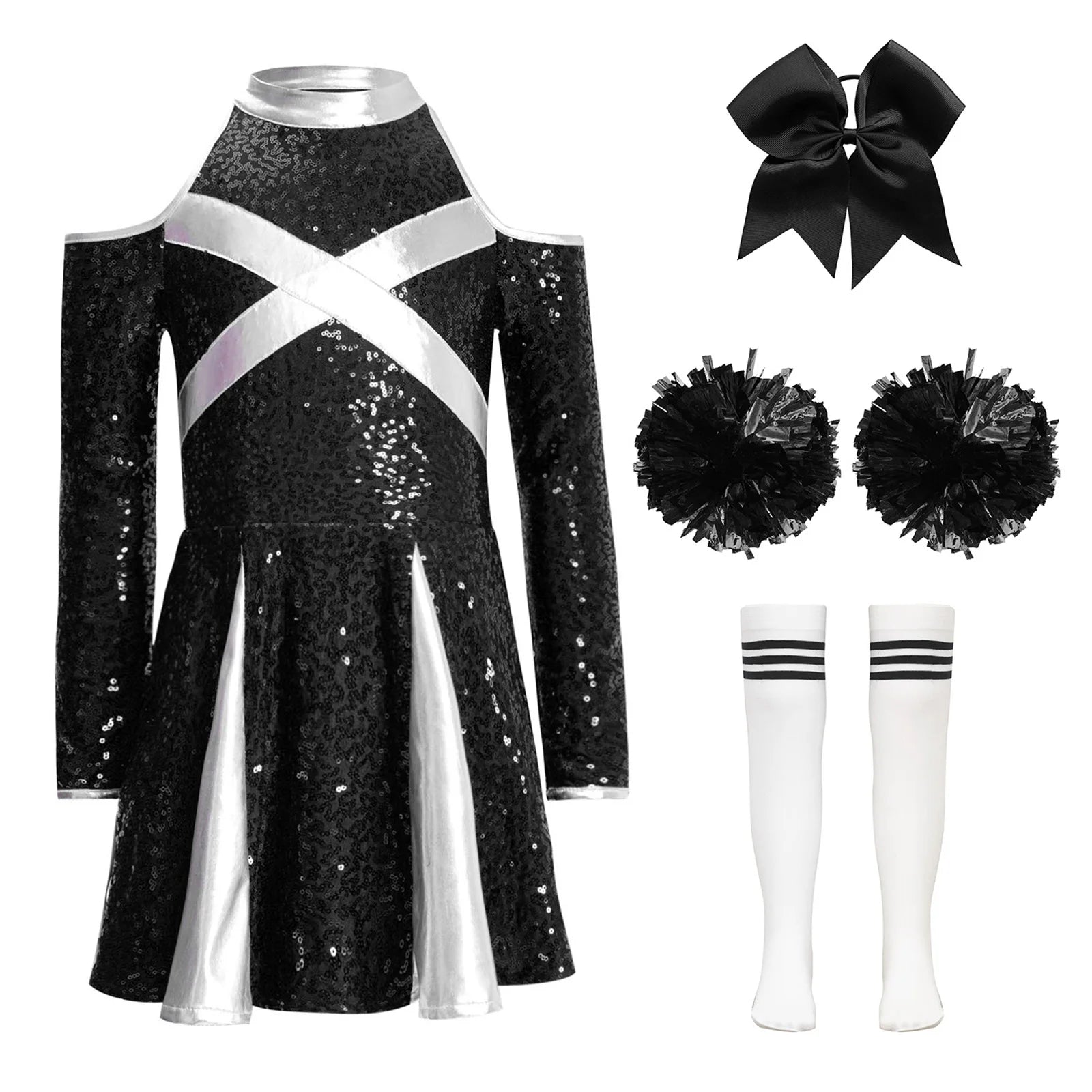 Uniformes de pom-pom girl pour enfants filles, 4 pièces, tenue de danse à l'école, paillettes brillantes, robe à épaules dénudées, déguisement de pom-pom girl de carnaval