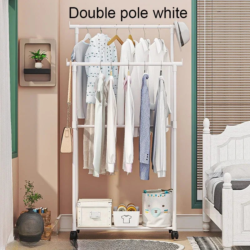 Portant à vêtements double barre avec crochets, organisateur de vêtements suspendus pour chambre à coucher, cintre mobile à roulettes