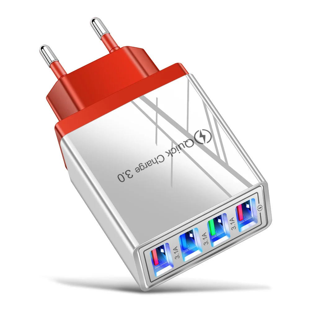 Chargeur secteur 3,1 A (UE/US) avec 4 ports USB pour la maison et les voyages, compatible avec iPhone 12, 13, 14, 15 Pro Max, Samsung, Xiaomi et Huawei