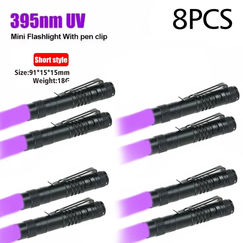 Lampe de poche UV 395nm, torche ultraviolette avec pince à stylo, piles AAA portables utilisées, lumière violette, détecteur d'urine d'animaux domestiques, lampe UV