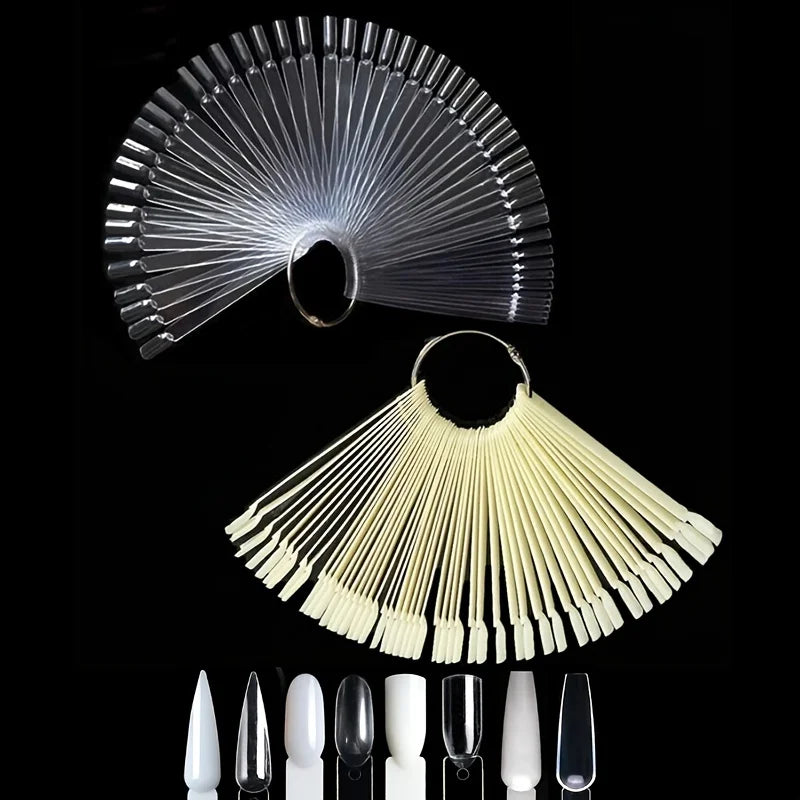 50 bâtonnets d'échantillons de vernis à ongles avec anneau, présentoir transparent en forme d'éventail pour la pratique du nail art, bâtonnets d'échantillons colorés pour la pratique du nail art