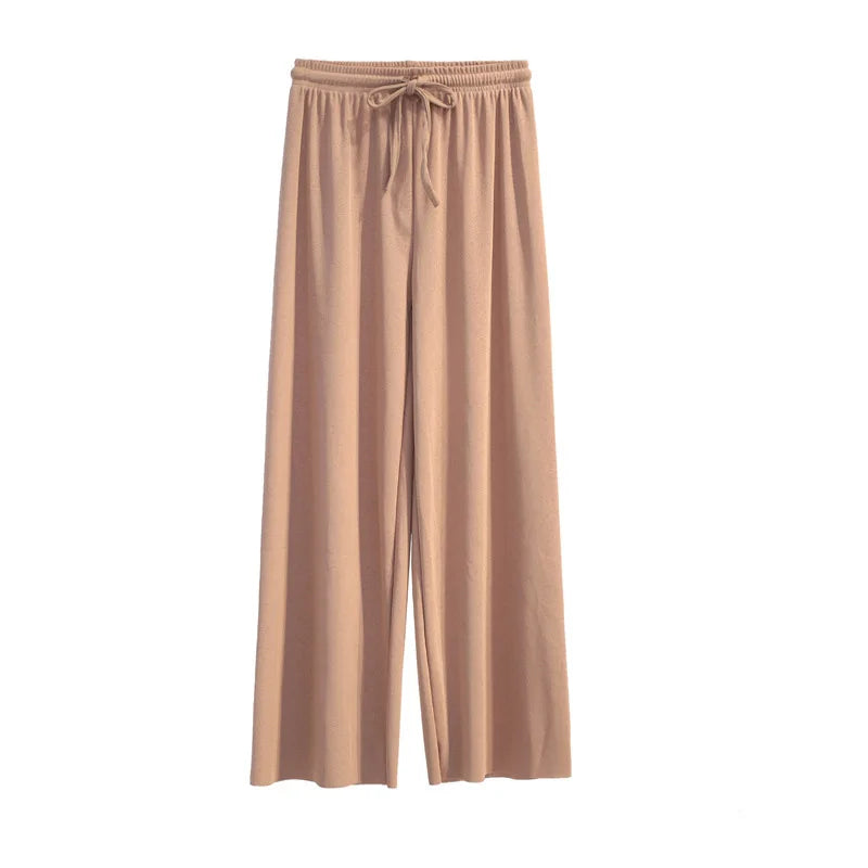 Pantalon à jambes larges pour femmes, longueur cheville, décontracté, couleur unie, taille élastique, ample, en soie glacée, printemps été