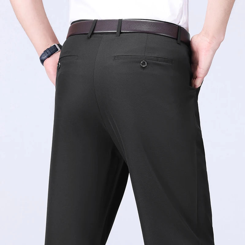 Pantalon homme stretch noir uni, coupe droite, style coréen, séchage rapide, idéal pour le bureau ou le printemps/automne