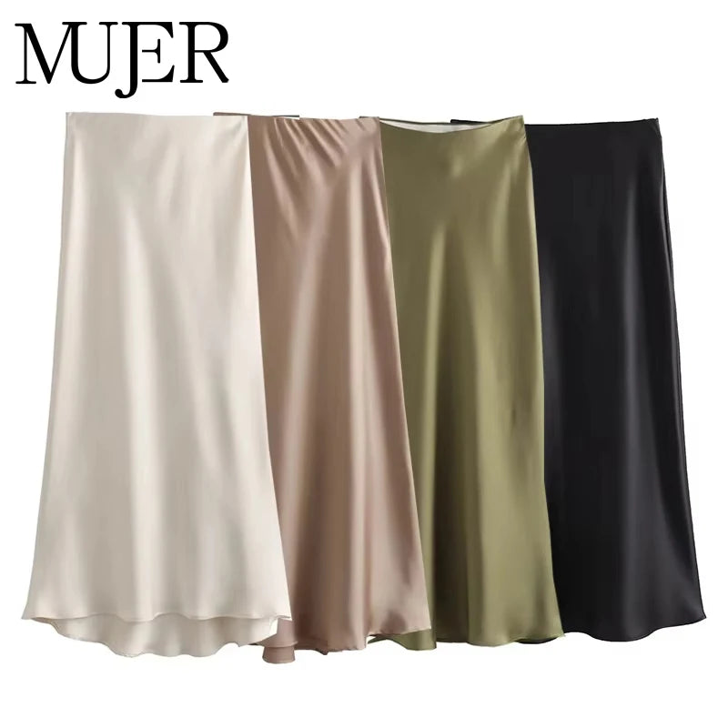 MUJER femme 2025 Satin jupe femmes taille haute jupes longues pour les femmes été noir Midi jupe femme bureau élégant femmes jupes