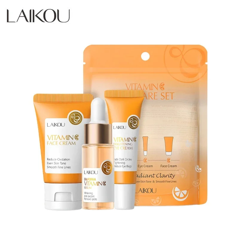 3pcs/set LAIKOU Ensemble de soins de la peau Vitamin C Sakura Essence d’escargot Sérum & Crème pour les yeux et le visage Hydratant Taille de voyage Ensemble de soins de la peau
