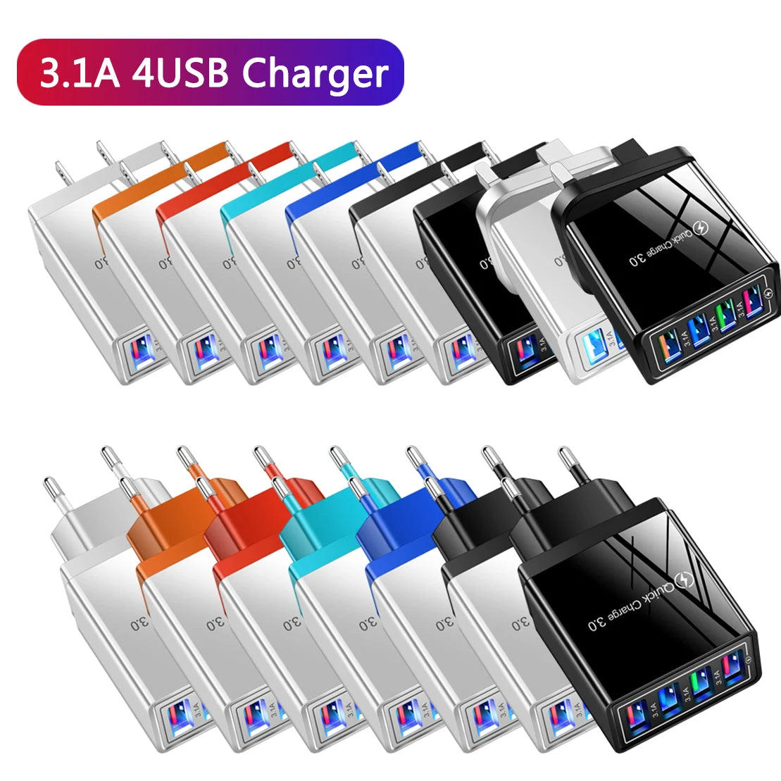 Chargeur secteur 3,1 A (UE/US) avec 4 ports USB pour la maison et les voyages, compatible avec iPhone 12, 13, 14, 15 Pro Max, Samsung, Xiaomi et Huawei