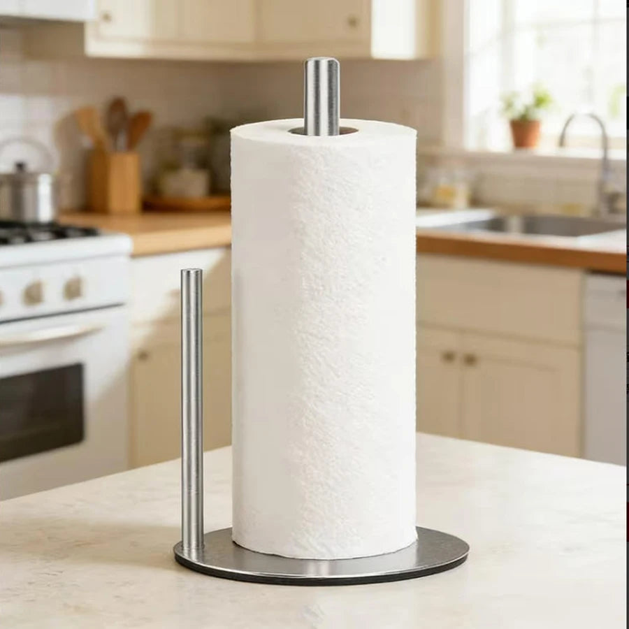 Porte-rouleau de cuisine en acier inoxydable avec base lestée - Organisateur de comptoir robuste et peu encombrant pour essuie-tout