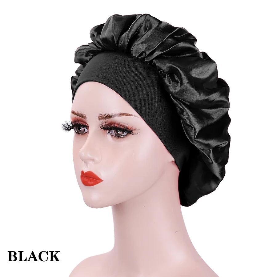 Bonnets en satin de soie pour femmes et hommes - Bonnet élastique à large bande pour cheveux bouclés - Bonnet de douche pour dormir, outil pour perruque