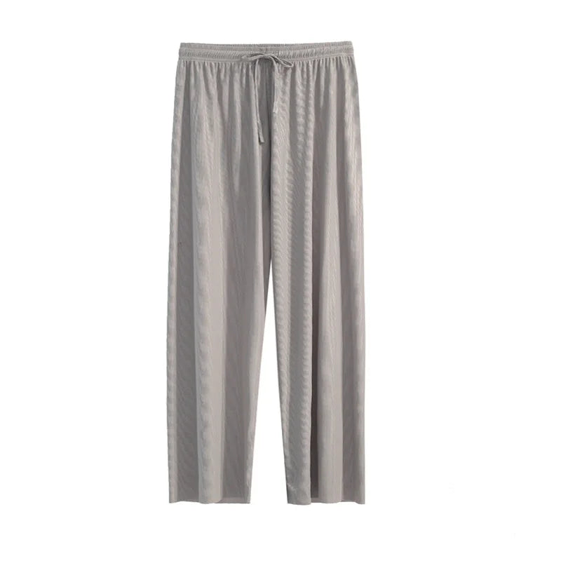 Pantalon à jambes larges pour femmes, longueur cheville, décontracté, couleur unie, taille élastique, ample, en soie glacée, printemps été