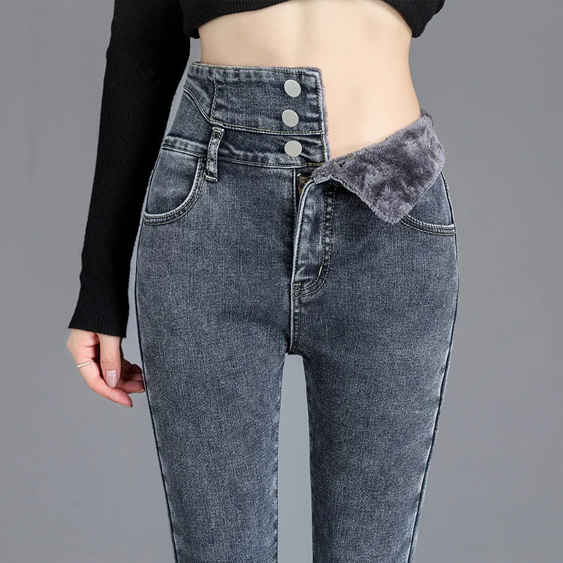 Thermique Hiver Épais Polaire taille Haute Chaud Skinny Jeans Épais Femmes Bouton Extensible Crayon Pantalon Maman Décontracté Velours Jeans