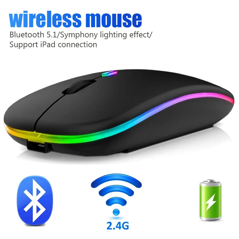 Souris sans fil pour ordinateur portable PC, Bluetooth RGB rechargeable, souris sans fil silencieuse avec rétroéclairage LED, souris ergonomique pour le jeu