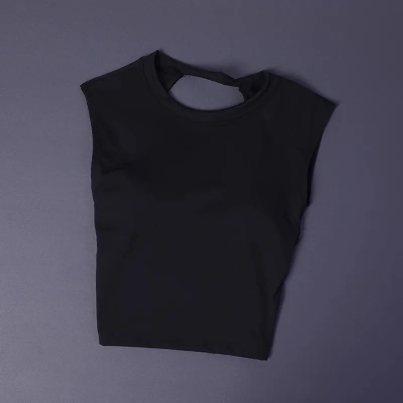T-shirt de sport court, dos nu, avec coussinet de poitrine fixe, gilet moulant pour femmes, haut de yoga sans manches à séchage rapide