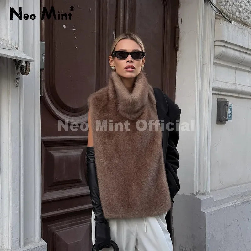Neo Mint 2025 marque mode fausse fourrure Sable gilet haut court automne hiver col roulé Eco vison fourrure débardeurs sans manches veste manteau