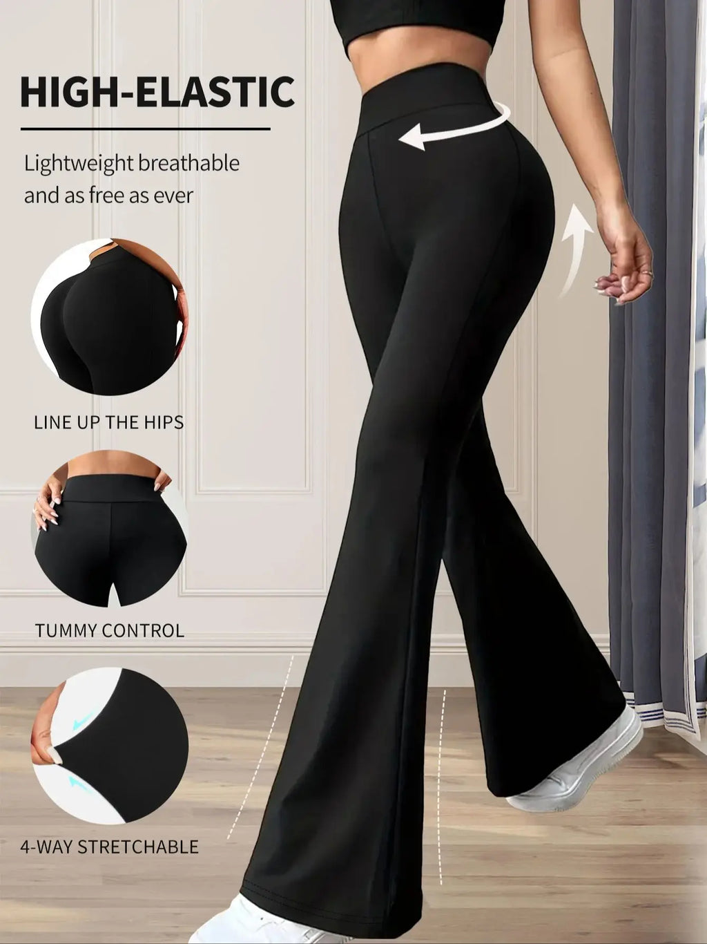 Pantalon évasé taille haute moulant pour femme, idéal pour le printemps et l'été ; pantalon noir long à jambes fines et larges pour femmes minces