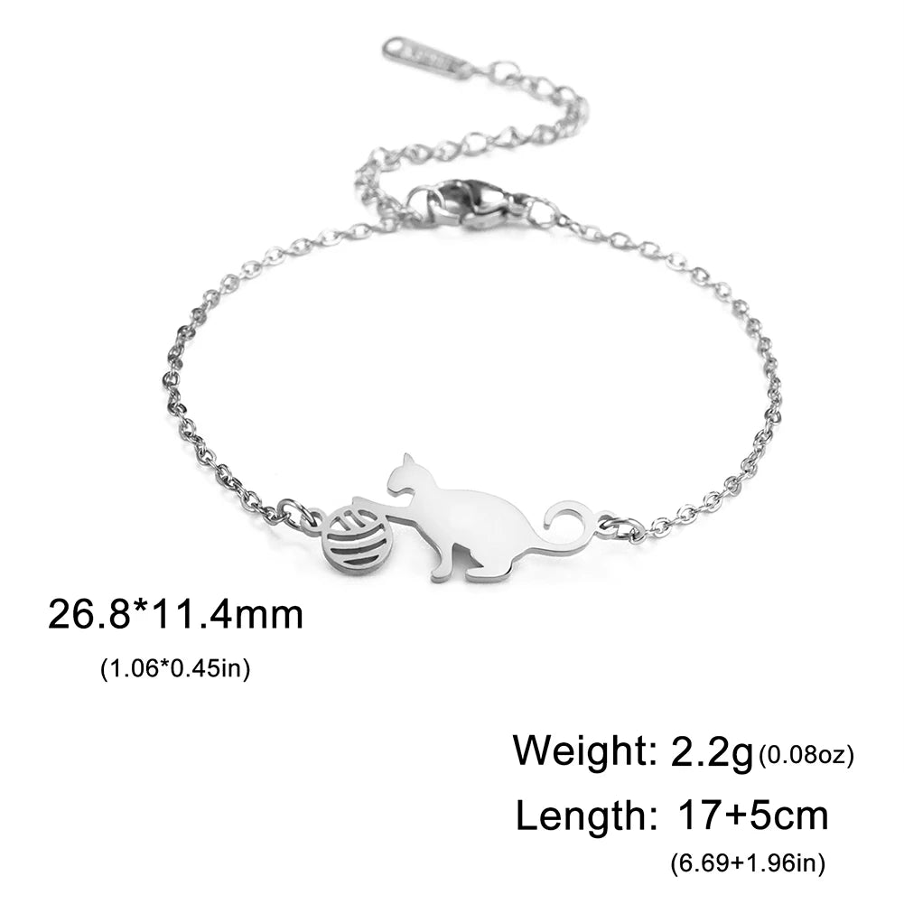 Bracelet Lucktune Chat Mignon en Acier Inoxydable avec Pendentif Animal et Chaîne à Perles - Bijou Tendance Kpop pour Femmes et Hommes - Cadeau Couple