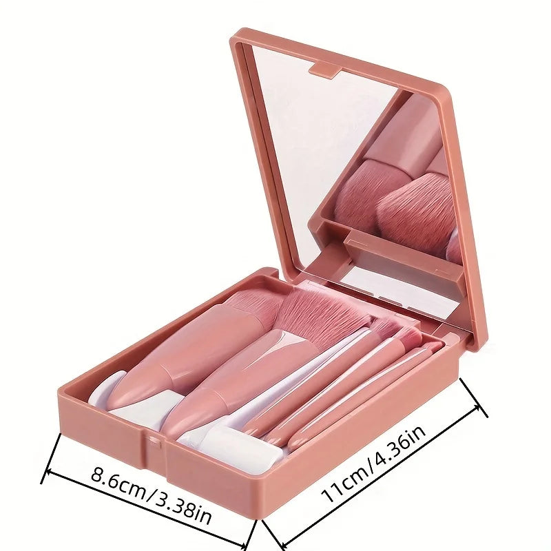 Ensemble de pinceaux de maquillage portables 5 pièces avec miroir-Kit de voyage pliable, ensemble de mini pinceaux de maquillage ensemble de pinceaux de maquillage de voyage