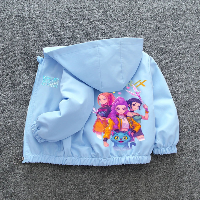 K-pop Demon Hunters 2026 Manteau coupe-vent printemps-automne pour enfants et adolescentes, imprimé dessin animé, veste à capuche imperméable