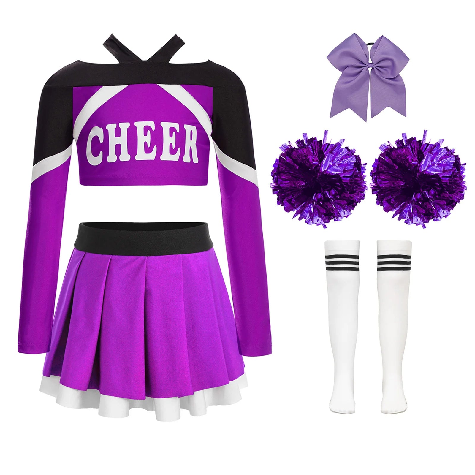 Uniformes de pom-pom girl pour enfants filles, 4 pièces, tenue de danse à l'école, paillettes brillantes, robe à épaules dénudées, déguisement de pom-pom girl de carnaval
