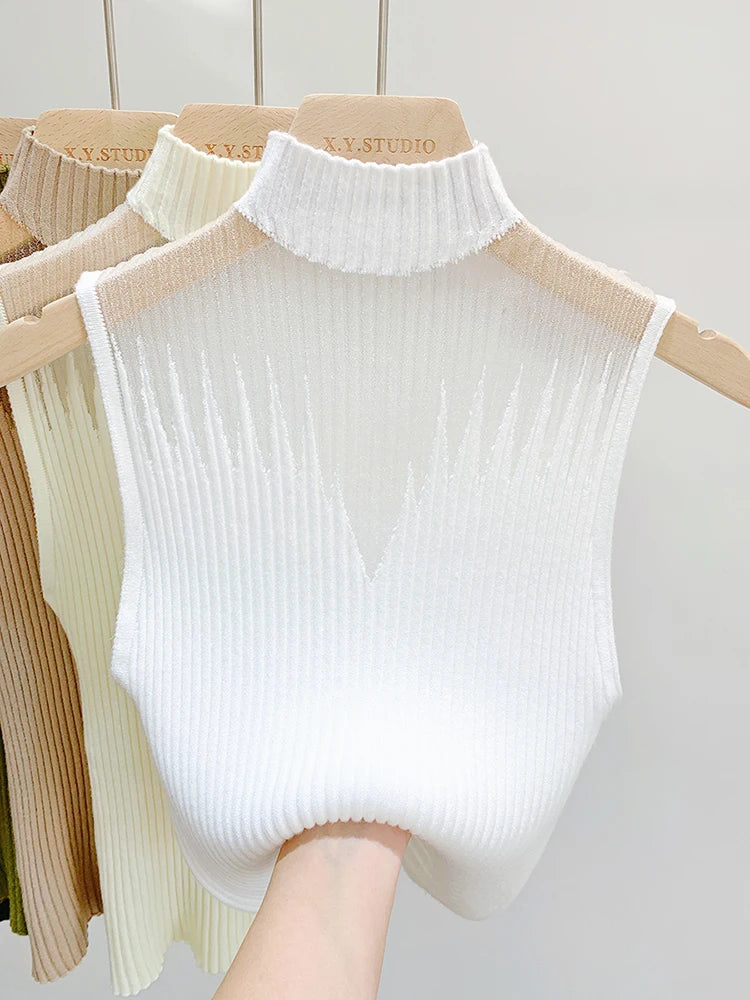 Maille Haut Tricoté Femmes Y2K Débardeur Demi-Cou Gilet Femme Pull Sans Manches Chic Découpé Streetwear Solide Skinny Bustier Tubulaire