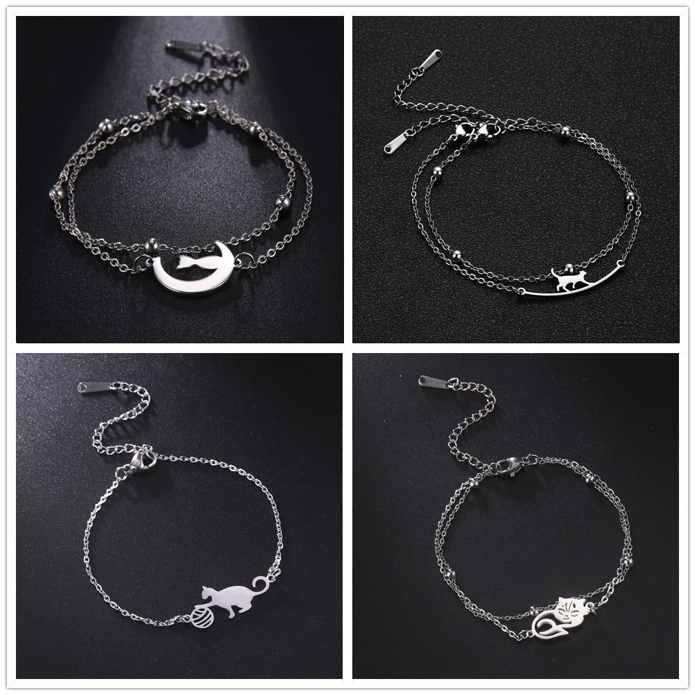 Bracelet Lucktune Chat Mignon en Acier Inoxydable avec Pendentif Animal et Chaîne à Perles - Bijou Tendance Kpop pour Femmes et Hommes - Cadeau Couple