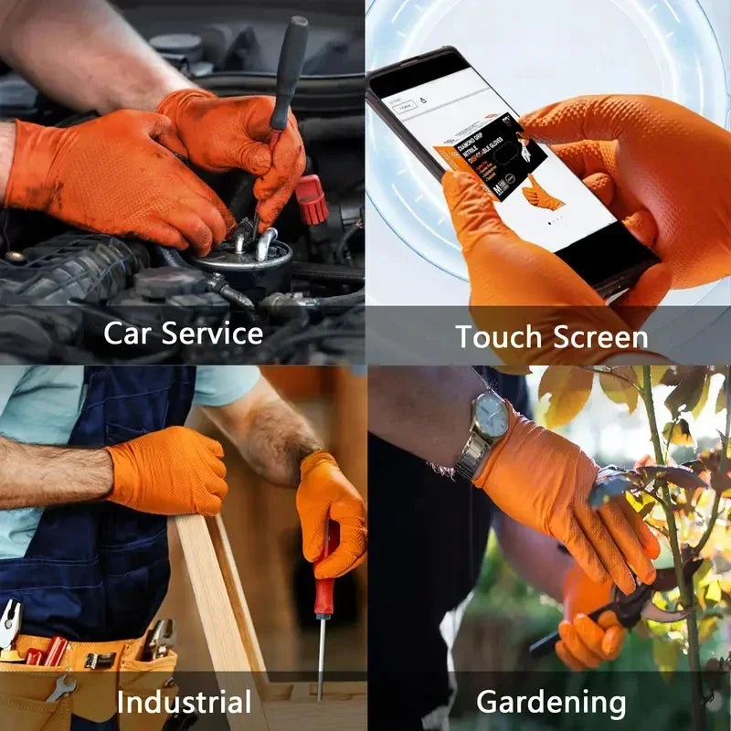 Gants jetables industriels en nitrile orange résistant 8 mil avec grip texturé en losange pour la sécurité des mécaniciens et le travail