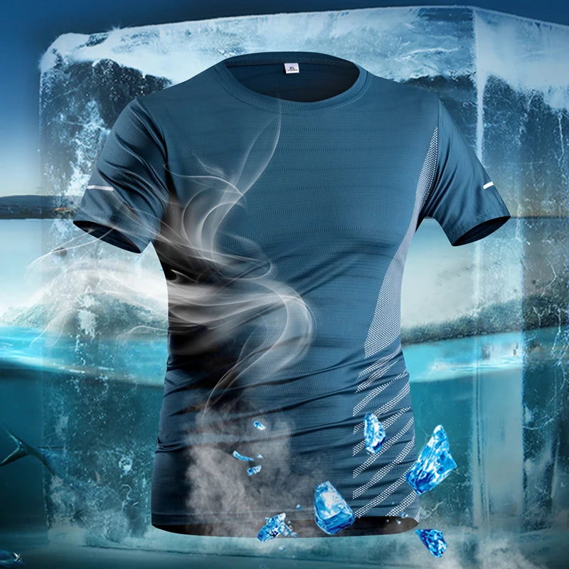 T-shirt de course homme été en soie glacée fine, imprimé réfléchissant, séchage rapide, manches courtes, respirant, idéal pour le fitness et le sport, taille 5XL
