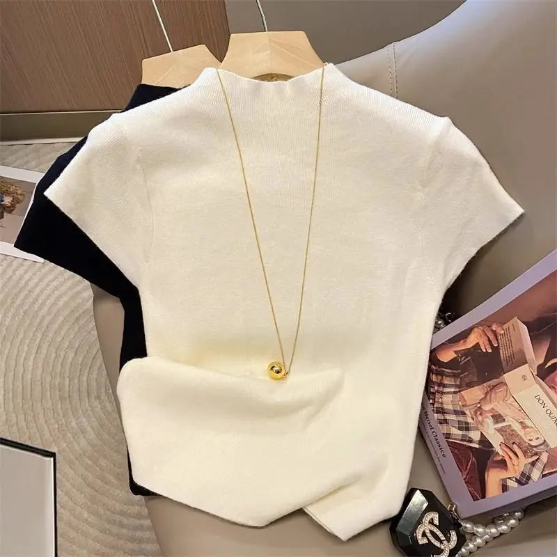 Pull d'été basique à col roulé, uni, fin, pour femme, en maille, coupe ajustée, manches courtes