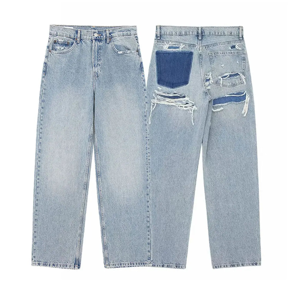HH 2024 femmes rue mode Denim bleu jean en détresse Patchwork taille haute veste pour homme déchiré rétro pantalons longs