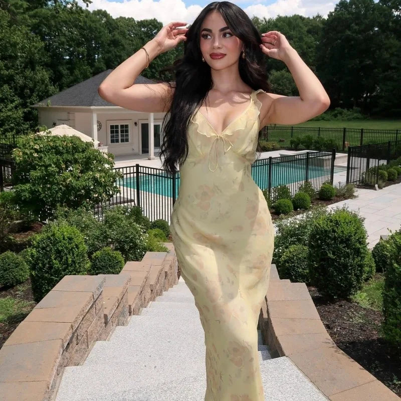 Robe Maxi plongeante à imprimé Floral cryptographique, tenue Sexy, dos nu, tenue de soleil féerique, vêtements de plage, vacances, Coquette, été
