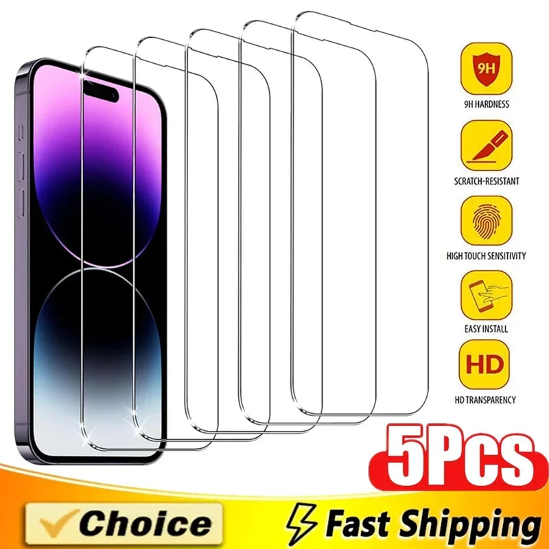 Protecteur d'écran, 5 pièces, en verre trempé pour iPhone 15 13 11 12 14 Pro Max Mini 16 17 8 Plus X XR XS MAX