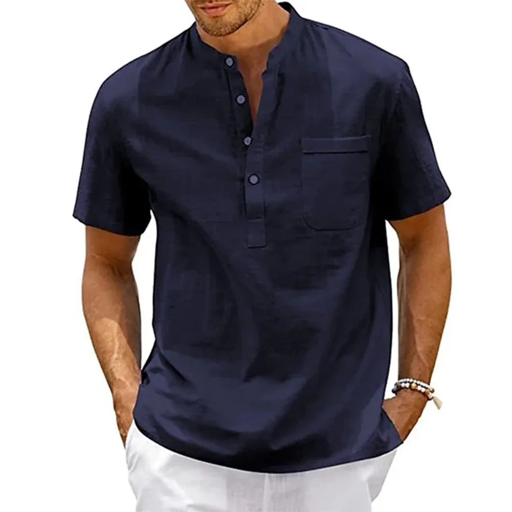 Chemise en coton et lin pour homme, col Henley, poche, manches courtes, style décontracté, couleur unie, style streetwear vintage